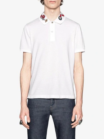 Shop Gucci Kingsnake Embroidered Polo Shirt In White