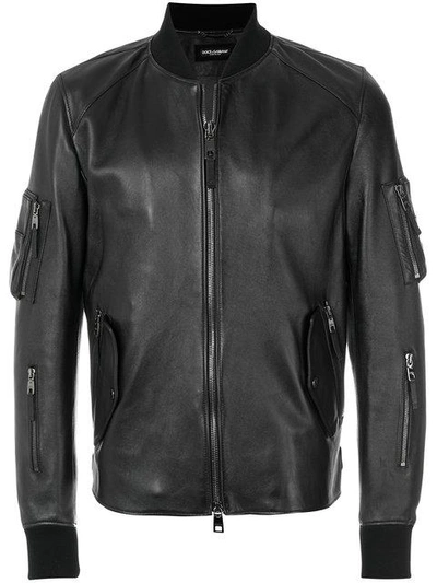 Shop Dolce & Gabbana Leather Bomber Jacket - Black