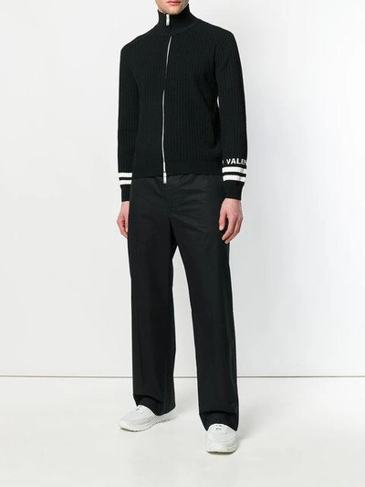 Shop Valentino Striped Trim Zipped Sweatshirt In Black