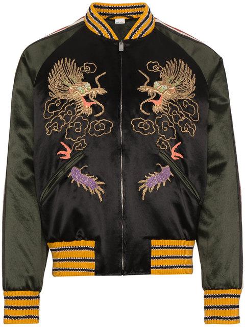 Gucci Dragon-Embroidered Satin Bomber Jacket In 1157 Black/Underwood ...