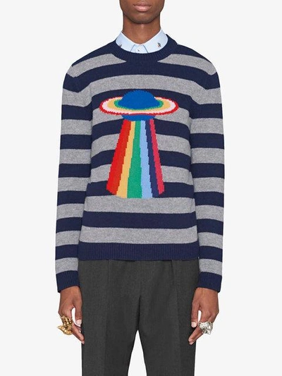 Gucci Planet Motif Intrasia Striped Sweater In Blue | ModeSens