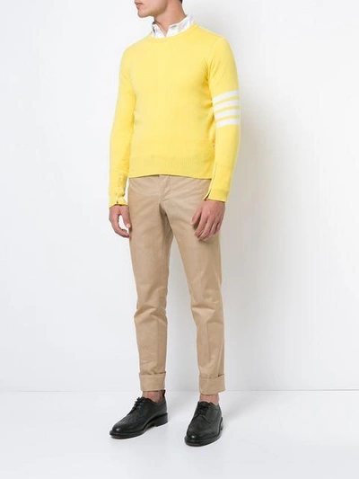 Thom Browne Crewneck Pullover With 4-bar Stripe In Yellow Cashmere