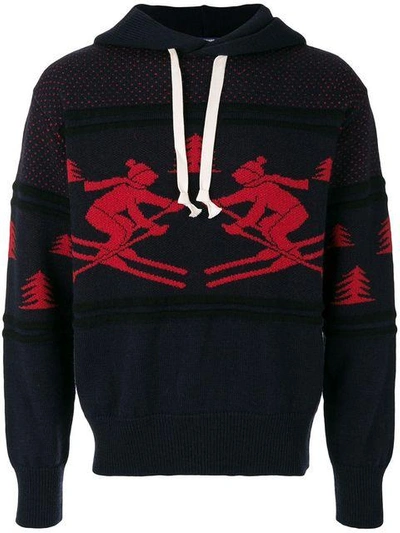 Shop Junya Watanabe Man Knitted Ski Hoodie - Navy Red