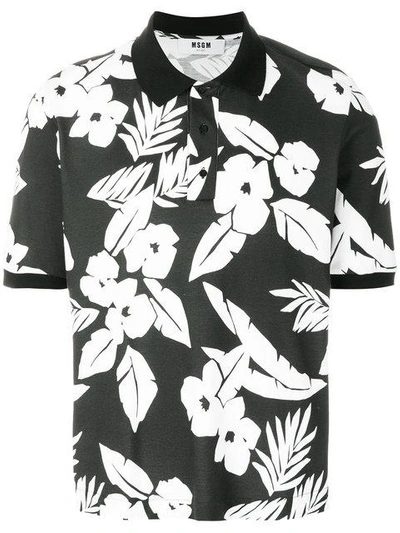 Shop Msgm Floral Print Polo Shirt - Black