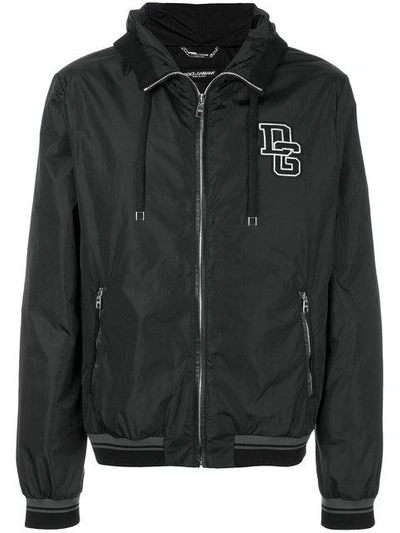Shop Dolce & Gabbana Hooded Bomber Jacket With Logo Patch - Black