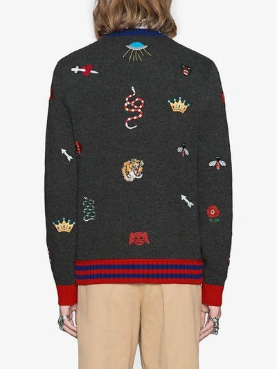 Shop Gucci Wool Sweater With Embroideries - Grey
