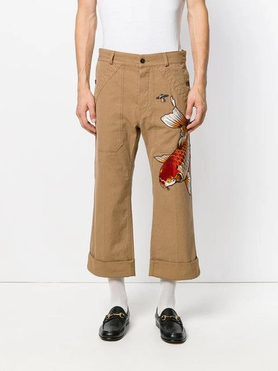 Shop Gucci Fish Appliqué Cropped Trousers In Neutrals