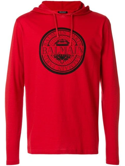 Shop Balmain Logo Print Hooded T-shirt - Red