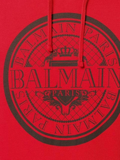 Shop Balmain Logo Print Hooded T-shirt - Red