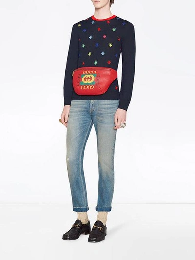 Shop Gucci Bees & Stars Intarsia Knit Sweater In Blue