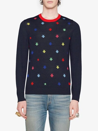 Shop Gucci Bees & Stars Intarsia Knit Sweater In Blue