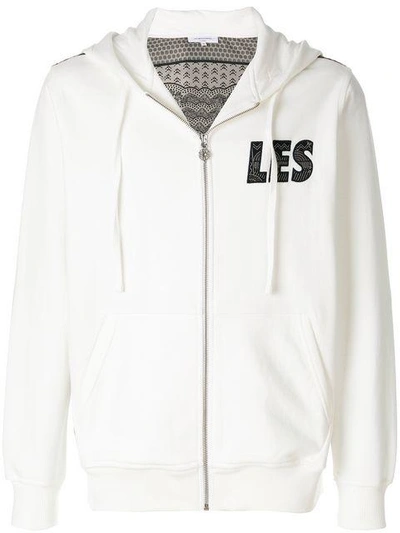 Shop Les Benjamins Zipped Logo Print Hoodie - White