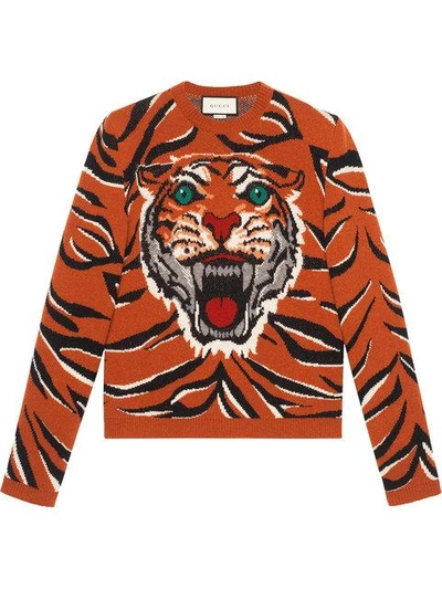 Shop Gucci Tiger Intarsia Wool Sweater  In Orange