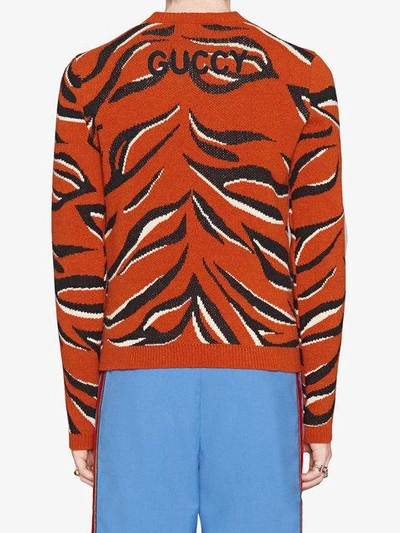 Shop Gucci Tiger Intarsia Wool Sweater  In Orange