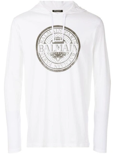 Shop Balmain Logo Print Hoodie In White