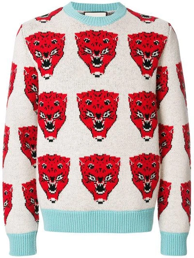 Shop Gucci Tiger Jacquard Knitted Sweater In White