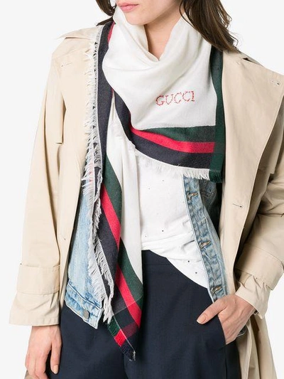 Shop Gucci White Cashmere Stripe Scarf - Neutrals