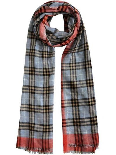 Shop Burberry Check Wool Silk Scarf In Blue