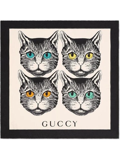 Shop Gucci Mystic Cat Print Silk Scarf - White
