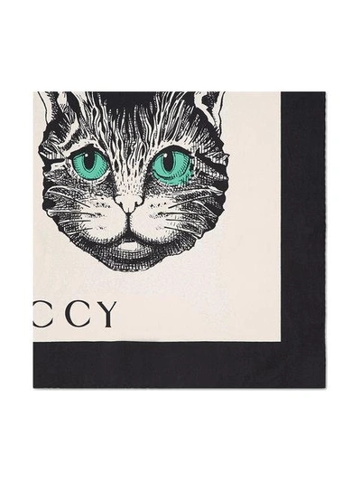 Shop Gucci Mystic Cat Print Silk Scarf - White