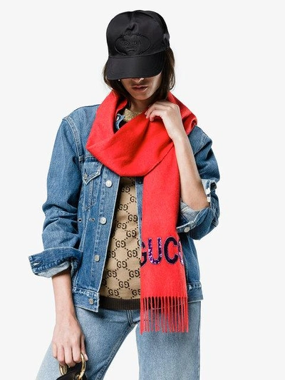 Shop Gucci Red Sequin Guccy Cashmere Silk-blend Scarf