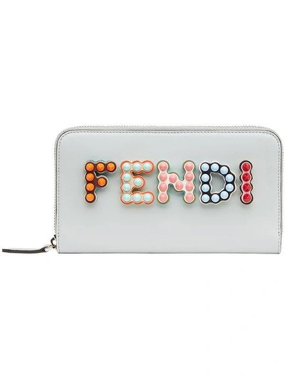 Shop Fendi Grey Logo Studded Zip Around Leather Wallet