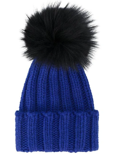 Shop Inverni Blue Ribbed Cashmere Hat With Fur Pom Pom