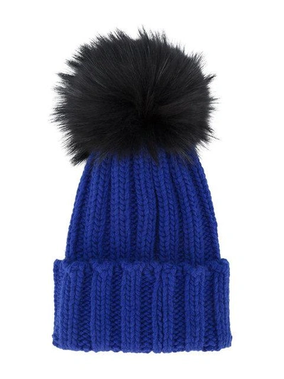 Shop Inverni Blue Ribbed Cashmere Hat With Fur Pom Pom