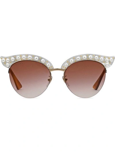 Shop Gucci Cat Eye Acetate Sunglasses With Pearls In White