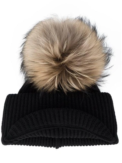 Shop Inverni Black Ribbed Cashmere Hat With Visor And Fur Pom Pom