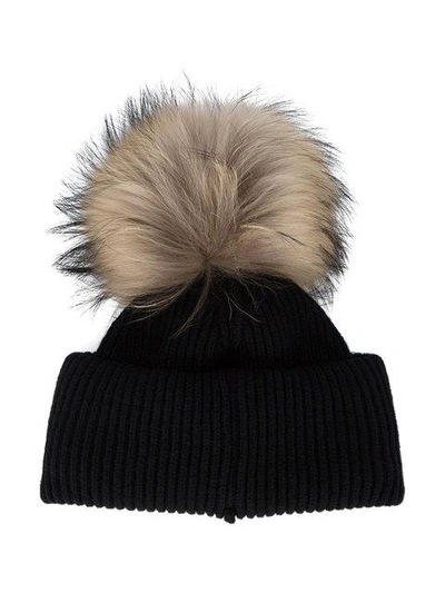 Shop Inverni Black Ribbed Cashmere Hat With Visor And Fur Pom Pom