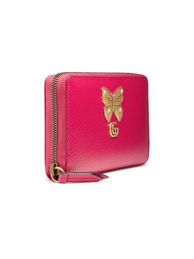 Shop Gucci Leather Zip Around Wallet With Butterfly In Pink & Purple