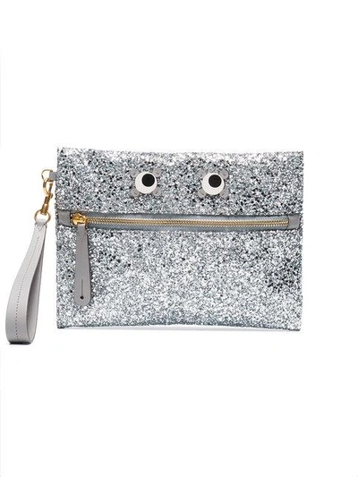 Shop Anya Hindmarch Silver Glitter Eyes Embellished Pouch - Metallic