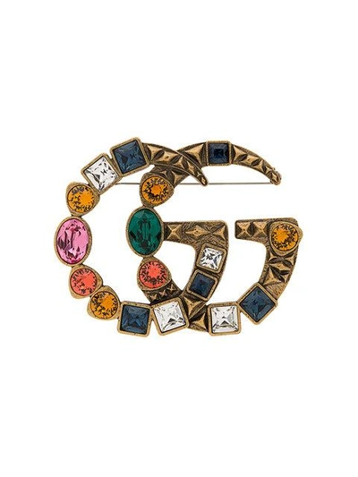 Shop Gucci Multicoloured Double Gg Crystal Brooch