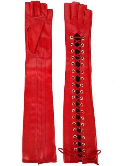 Shop Manokhi Lace-up Fingerless Long Gloves In Red