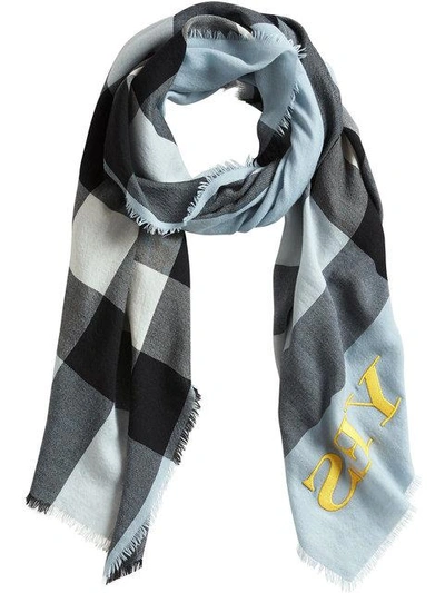 Shop Burberry Check Cashmere Scarf - Blue