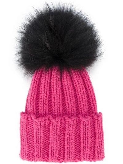 Shop Inverni Pink Ribbed Cashmere Hat With Fur Pom Pom - Pink & Purple