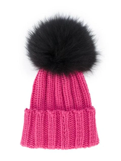 Shop Inverni Pink Ribbed Cashmere Hat With Fur Pom Pom - Pink & Purple
