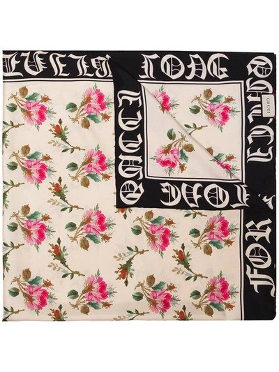 Shop Gucci Multicoloured Rose Print Silk Scarf In White