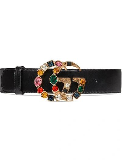 Leather belt with crystal Double G buckle