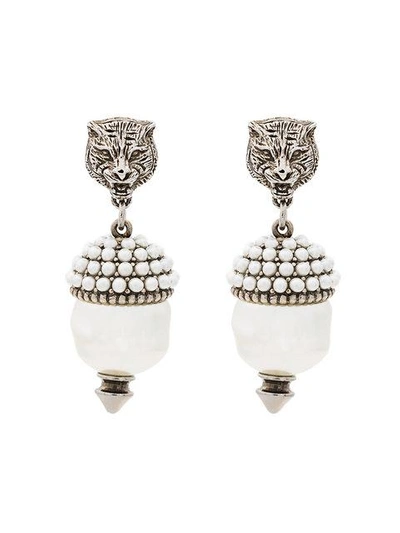 Shop Gucci Feline Faux Pearl Earrings In Metallic