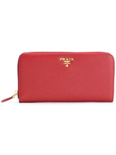 Prada Saffiano Leather Zip Around Wallet In Red