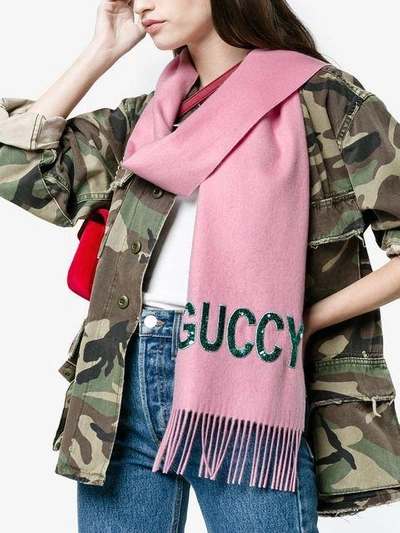 Shop Gucci Pink Silk Cashmere-blend Scarf With Sequin Guccy