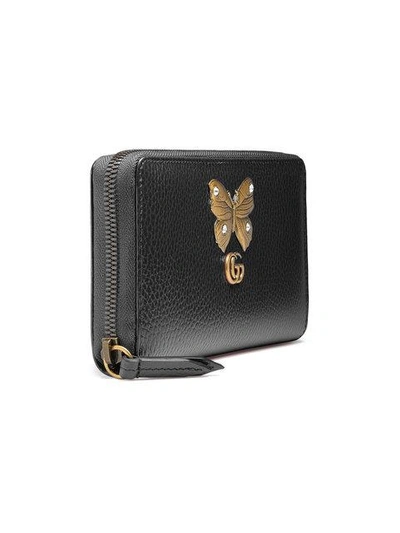 Shop Gucci Leather Zip Around Wallet With Butterfly In Black