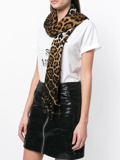Saint Laurent Leopard Print Frayed Edge Scarf In Black