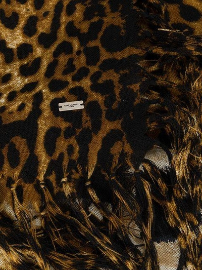 Saint Laurent Leopard Print Frayed Edge Scarf In Black