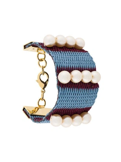 Shop Marni Woven Pearl Cuff Bracelet In Blue