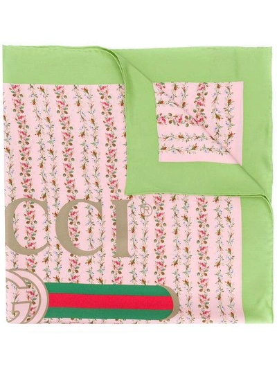 Shop Gucci Logo Rose Print Silk Scarf In Pink