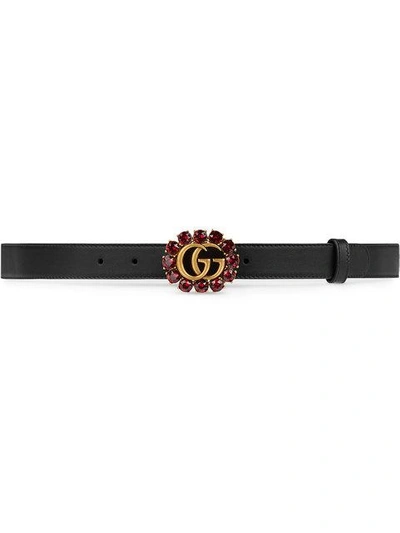 Shop Gucci Leather Belt With Double G And Crystals In Black