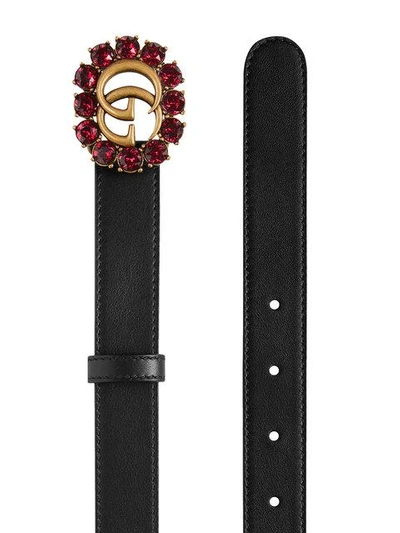 Shop Gucci Leather Belt With Double G And Crystals In Black